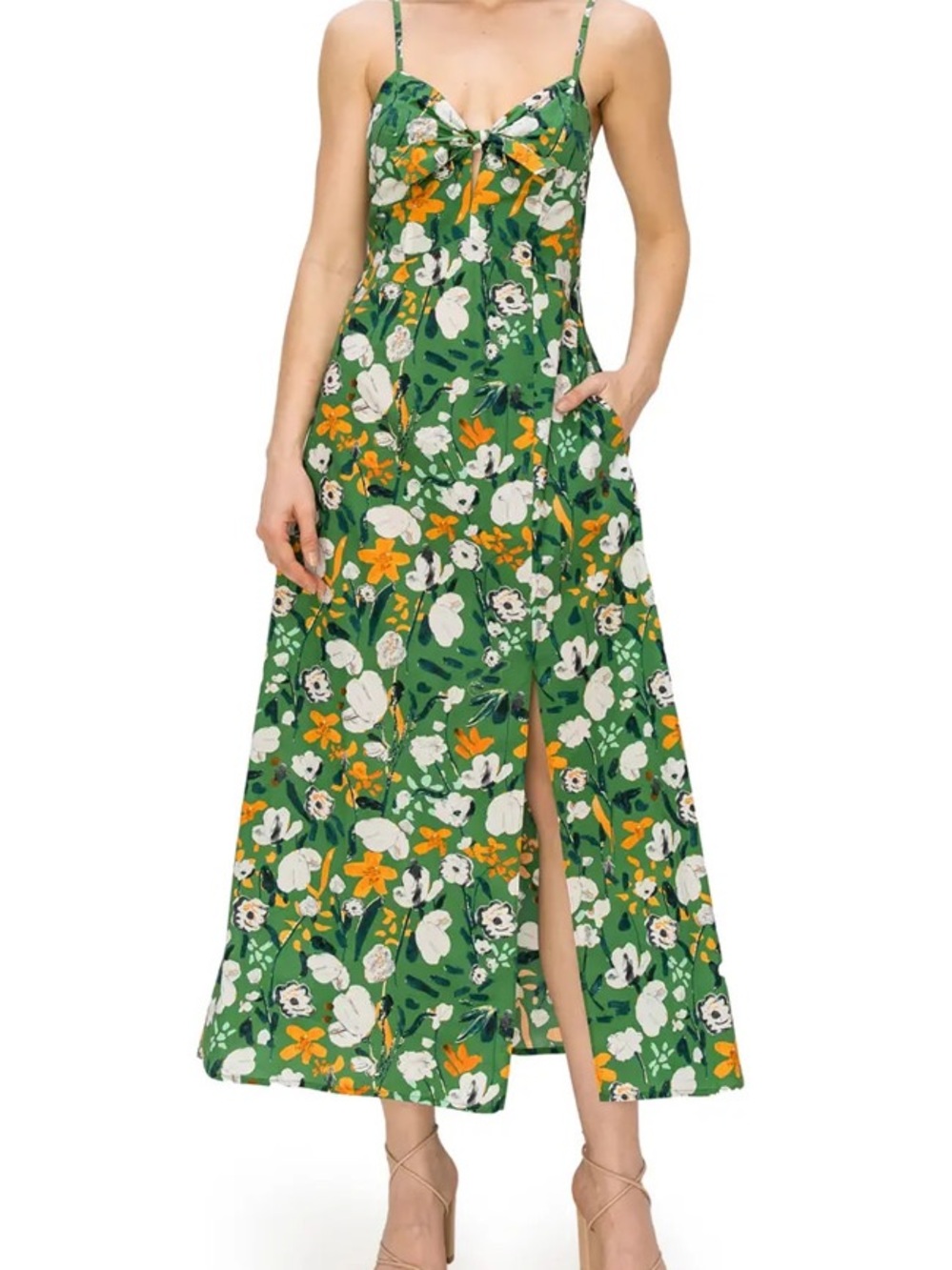 MELLODAY Green Floral Tie-Front Spaghetti-Strap Maxi Dress